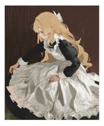 Rule 34 | 1girl, absurdres, apron, black dress, blonde hair, border, bow, brown background, brown eyes, closed mouth, dress, frilled apron, frills, hair bow, haru (ririne9999rine), highres, kirisame marisa, long hair, long sleeves, photo-referenced, simple background, solo, touhou, very long hair, white apron, white border, white bow