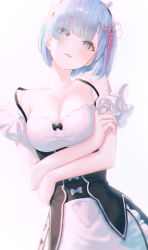 Rule 34 | 1girl, absurdres, apron, bare shoulders, blue eyes, blue hair, blush, bob cut, breasts, chromatic aberration, cleavage, collarbone, commentary request, crossed arms, dress, eyes visible through hair, hair ribbon, head tilt, highres, jpeg artifacts, large breasts, looking at viewer, maid, maid headdress, off shoulder, parted lips, pink ribbon, re:zero kara hajimeru isekai seikatsu, rem (re:zero), ribbon, short hair, short sleeves, simple background, solo, standing, strap lift, sul ( 20sub), teeth, white background