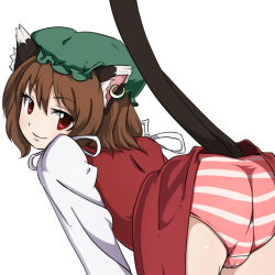 Rule 34 | 1girl, animal ears, ass, bent over, brown hair, cameltoe, cat ears, cat girl, cat tail, chen, earrings, female focus, jewelry, multiple tails, naughty face, nekomata, nikka (cryptomeria), panties, presenting, red eyes, solo, striped clothes, striped panties, tail, touhou, trefoil, two tails, underwear