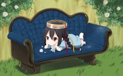 Rule 34 | 1girl, absurdres, bad id, bad pixiv id, black hair, blue upholstery, braid, brown eyes, chibi, couch, head rest, highres, instrument, k-on!, k-on! movie, long hair, lying, nakano azusa, object on head, on stomach, ragho no erika, singing! (k-on!), solo, tambourine, twin braids