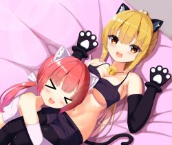 &gt;_&lt; 2girls :d alternate_costume alternate_hairstyle animal_ear_fluff animal_ears animal_hands arihara_nanami bare_shoulders bed_sheet bell black_bra black_pantyhose black_shorts blonde_hair blush bow bra breasts cat_ears collarbone commentary_request dutch_angle eyes_visible_through_hair fake_animal_ears feet_out_of_frame furrowed_brow gloves gureeshian hair_between_eyes hair_bow hair_ornament hands_up happy highres hug jingle_bell large_breasts long_hair looking_at_viewer low_ponytail lying mibu_chisaki multiple_girls navel neck_bell on_back on_side open_mouth pantyhose paw_gloves paw_print pom_pom_(clothes) pom_pom_hair_ornament ponytail red_eyes red_hair riddle_joker shorts smile teeth underboob underwear upper_body upper_teeth_only white_bow