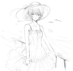 Rule 34 | 1girl, ayanami rei, bare shoulders, blush, breasts, cleavage, dress, greyscale, hat, medium breasts, monochrome, neon genesis evangelion, railing, short hair, sketch, solo, straw hat, sundress, tusia