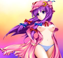 Rule 34 | 1girl, bad id, bad pixiv id, blue panties, breasts, crescent, dress, female focus, hat, highres, long hair, nipples, no bra, open clothes, open dress, panties, patchouli knowledge, purple eyes, purple hair, ribbon, solo, striped clothes, striped panties, touhou, underwear, yoshimo