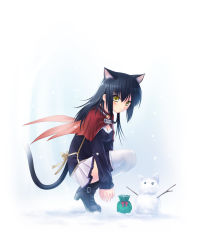 Rule 34 | animal ears, bell, black hair, boots, bow, cape, capelet, cat ears, cat tail, highres, miniskirt, na-ga, short hair, skirt, snow, solo, tail, thighhighs, yellow eyes