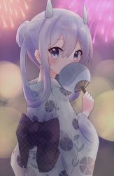 Rule 34 | 1girl, blue eyes, covering own mouth, cowboy shot, fake horns, fireworks, floral print, from behind, grey hair, hand fan, headgear, highres, horned headwear, horns, i-203 (kancolle), japanese clothes, kantai collection, kimono, long hair, looking at viewer, looking back, paper fan, sidelocks, solo, uchiwa, unoi, white kimono, yukata