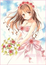 Rule 34 | 10s, 1girl, bad id, bad pixiv id, bare arms, blush, border, bouquet, breasts, bridal veil, brown eyes, brown hair, cleavage, collarbone, colored pencil (medium), cowboy shot, dress, flower, hair flower, hair ornament, holding, holding bouquet, idolmaster, idolmaster cinderella girls, jewelry, lily (flower), long hair, looking at viewer, marker (medium), medium breasts, necklace, pink border, potto, potto (minntochan), red flower, red rose, rose, sample watermark, shimamura uzuki, smile, solo, strapless, strapless dress, traditional media, veil, watermark, wavy hair, wedding dress