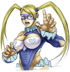 Rule 34 | 1990s (style), 1girl, blonde hair, blue eyes, boots, breasts, capcom, cleavage, female focus, mask, nidoro, rainbow mika, solo, street fighter, street fighter zero (series), twintails, white background