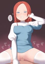 Rule 34 | 1girl, apex legends, ashleigh reid, blue dress, blue eyes, blush, clothed sex, commentary request, dress, elbow gloves, gloves, grin, highres, nagoooon 114, red hair, sex, smile, thighhighs, vaginal, white gloves, white thighhighs