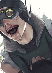 Rule 34 | 1boy, apex legends, black gloves, black headwear, blood, blood in mouth, broken goggles, cable, clenched hand, daichi midori, fingerless gloves, gloves, goggles, green eyes, green vest, leaning forward, looking ahead, male focus, nosebleed, octane (apex legends), portrait, realistic, solo, vest, white background