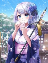 Rule 34 | 1girl, :d, bamboo fence, blue eyes, blue kimono, chinese text, commentary, eyelashes, fence, floral print, flower, forehead, fur trim, grey hair, hair flower, hair ornament, highres, holding, japanese clothes, kimono, long sleeves, looking at viewer, mizuki (lvo0x0ovl), nail polish, open mouth, original, outdoors, parted bangs, purple hair, short hair, sky, smile, snow, solo, translation request, upper body, wide sleeves