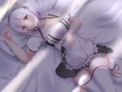 Rule 34 | 1girl, azur lane, bed, breasts, cleavage, closed mouth, core1013, hairband, hand on own stomach, hand up, highres, large breasts, lips, looking at viewer, lying, maid, maid headdress, medium hair, on back, pillow, red eyes, silver hair, simple background, sirius (azur lane), solo, thighhighs, white thighhighs