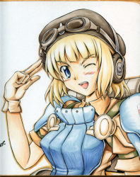 Rule 34 | 1girl, armor, beret, blonde hair, blue eyes, cecilia glinda miles, gloves, goggles, goggles on head, hat, headphones, marker (medium), masana hatuse, mecha musume, one eye closed, open mouth, shikishi, solo, strike witches, traditional media, uniform, wink, world witches series