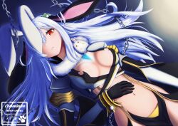 Rule 34 | 1girl, :&lt;, animal ears, black gloves, blush, breasts, chain, closed mouth, coat, commentary request, commission, cowboy shot, ear over one eye, expressionless, gloves, grey coat, hair between eyes, highres, long hair, long sleeves, looking at viewer, medium breasts, navel, nekogenetic, rabbit ears, ragnarok online, red eyes, revealing clothes, side slit, solo, suspenders, translation request, very long hair, warlock (ragnarok online), watermark, white hair