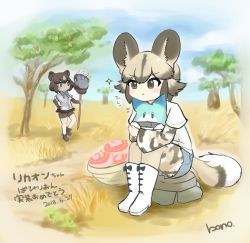 Rule 34 | 10s, 2girls, 8775bono, african wild dog (kemono friends), african wild dog print, animal ears, basket, bear ears, paw stick, bike shorts, blush, boots, bow, bowtie, brown bear (kemono friends), brown hair, collared shirt, commentary request, dated, denim, denim shorts, dog ears, dog tail, elbow gloves, fingerless gloves, food, gloves, highres, huge filesize, japari bun, kemono friends, kemono friends pavilion, light brown hair, long sleeves, lucky beast (kemono friends), multicolored hair, multiple girls, pantyhose, partially translated, pleated skirt, shirt, short hair, short shorts, short sleeves, shorts, shorts under skirt, signature, sitting, skirt, star (symbol), sweatdrop, tail, translation request, v-shaped eyebrows, white hair