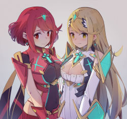 Rule 34 | 2girls, armor, blonde hair, blush, breasts, cleavage, closed mouth, earrings, fingerless gloves, gloves, gold trim, green eyes, headpiece, highres, ikada sora, jewelry, large breasts, long hair, long sleeves, looking at viewer, medium hair, multiple girls, mythra (xenoblade), navel, pyra (xenoblade), red eyes, red hair, short hair, shoulder pads, sidelocks, simple background, smile, standing, swept bangs, upper body, xenoblade chronicles (series), xenoblade chronicles 2