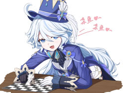 Rule 34 | 1girl, :d, absurdres, ahoge, ascot, asymmetrical gloves, black ascot, black gloves, blue eyes, blue headwear, blue jacket, brooch, chess piece, chessboard, commentary request, drop-shaped pupils, fang, furina (genshin impact), genshin impact, gloves, hair between eyes, hat, heart, highres, holding, holding chess piece, hydro symbol (genshin impact), jacket, jewelry, king (chess), leaning forward, leaning on object, leaning on table, lingerain, long hair, long sleeves, looking at viewer, mismatched gloves, mismatched pupils, multicolored hair, no heterochromia, open mouth, shirt, short shorts, shorts, sidelocks, simple background, sleeves past wrists, smile, solo, spoken heart, streaked hair, table, thigh strap, top hat, translation request, two-tone hair, very long hair, vision (genshin impact), white background, white gloves, white hair, white shorts, white trim bow