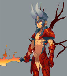 Rule 34 | 1boy, armor, bad id, bad pixiv id, blade, blonde hair, cum, cumdrip, doom (dota), dota (series), dota 2, erection, fire, gauntlets, helmet, horns, looking at viewer, lvlv, male focus, penis, red eyes, simple background, solo, spiked hair, sword, tongue, tongue out, topless male, uncensored, weapon