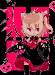 Rule 34 | 1girl, absurdres, alternate costume, animal ears, ascot, bare shoulders, black dress, black gloves, black sleeves, black thighhighs, blonde hair, candy, candy wrapper, cat ears, dark background, detached sleeves, dress, fang, feet out of frame, fingerless gloves, flandre scarlet, food, gloves, hair between eyes, halloween, halloween costume, highres, limited palette, looking at viewer, medium hair, multicolored wings, no headwear, one side up, open mouth, pink ascot, pink background, pink eyes, pumpkin, skin fang, solo, soru (remonntteumai), thighhighs, touhou, wide sleeves, wings