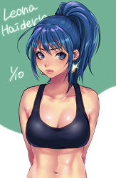 Rule 34 | 1girl, abs, arms behind back, blue eyes, blue hair, breasts, character name, cleavage, earrings, hifumi (art sky littel), jewelry, large breasts, leona heidern, medium hair, navel, ponytail, solo, sports bra, the king of fighters