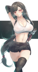 Rule 34 | 1girl, absurdres, armpits, bare shoulders, black gloves, black hair, black skirt, black thighhighs, blush, breasts, cleavage, collarbone, earrings, elbow gloves, final fantasy, final fantasy vii, final fantasy vii remake, fingerless gloves, gloves, highres, jewelry, large breasts, long hair, looking at viewer, low-tied long hair, midriff, navel, red eyes, shirt, skirt, smile, solo, suspender skirt, suspenders, tank top, taut clothes, taut shirt, thighhighs, tifa lockhart, white tank top, yusha m