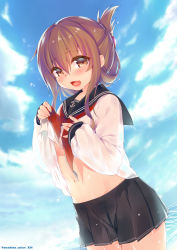 Rule 34 | 10s, 1girl, :d, blush, brown eyes, brown hair, clothes lift, cloud, day, folded ponytail, highres, inazuma (kancolle), kantai collection, looking at viewer, md5 mismatch, navel, neckerchief, obiwan, open mouth, school uniform, see-through, serafuku, shirt lift, skirt, sky, smile, solo, twitter username, water, wet, wet clothes
