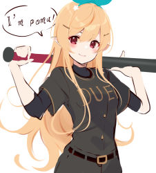 Rule 34 | 1girl, absurdres, baseball bat, belt, black belt, black shirt, blonde hair, blue bow, blush, bow, bow hairband, catchphrase, closed mouth, commentary, cowboy shot, dot nose, english commentary, grey pants, grey shirt, hair bow, hairband, highres, holding, holding baseball bat, jersey, kujou ichiso, long hair, looking at viewer, mixed-language commentary, nijisanji, nijisanji en, pants, pointy ears, pomu rainpuff, red eyes, shirt, simple background, smile, solo, standing, very long hair, virtual youtuber, white background