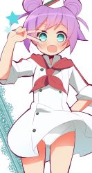 Rule 34 | 1girl, 9law, :d, aqua eyes, chef hat, chef, double bun, flat top chef hat, hat, looking at viewer, manaka laala, md5 mismatch, open mouth, panties, pretty series, pripara, purple hair, resized, short hair, smile, solo, star (symbol), twintails, underwear, v, waitress, white panties