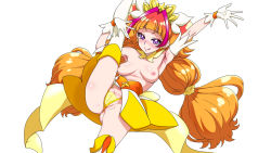 Rule 34 | 1girl, :p, amanogawa kirara, arm up, armpits, ass, blunt bangs, blush, breasts, cure twinkle, earrings, gloves, go! princess precure, highres, jewelry, leg up, long hair, looking at viewer, nipples, numahana, orange hair, panties, precure, purple eyes, pussy, pussy peek, simple background, smile, solo, split, standing, standing on one leg, thighhighs, tongue, tongue out, topless, twintails, underwear, very long hair, white background, white gloves, white thighhighs, yellow panties