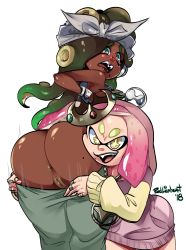 Rule 34 | 2girls, anus, ass, cleft of venus, clothes pull, dark-skinned female, dark skin, embarrassed, from behind, highres, inkling, looking back, marina (splatoon), mole, mole on ass, multiple girls, nintendo, no panties, octoling, pants, pants pull, pearl (splatoon), pulling another&#039;s clothes, pussy, radlionheart, splatoon (series), splatoon 2, splatoon 2: octo expansion, tentacle hair, transparent background, uncensored
