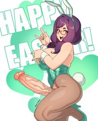 Rule 34 | 1futa, animal ears, artist name, breasts, brown pantyhose, erection, fake animal ears, fake tail, from side, futanari, glasses, green footwear, green leotard, happy easter, heart, high heels, highres, huge penis, large breasts, leotard, long hair, looking at viewer, open mouth, original, pantyhose, penis, playboy bunny, purple hair, rabbit ears, shoes, solo, sulcate, tail, teeth, torn clothes, torn pantyhose, uncensored, upper teeth only, veins, veiny penis, white wrist cuffs, wrist cuffs, yellow eyes