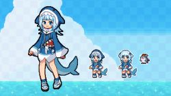 Rule 34 | 1girl, bloop (gawr gura), blue eyes, fins, fish tail, gawr gura, gawr gura (1st costume), hikotel0611, hololive, hololive english, looking at viewer, multiple views, open mouth, pixel art, shark tail, smile, tail, two side up, virtual youtuber
