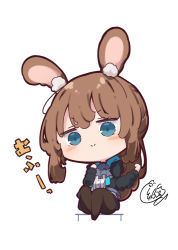 Rule 34 | 1girl, amiya (arknights), animal ear fluff, animal ears, arknights, beni shake, black jacket, blue eyes, blue skirt, blush, brown hair, brown pantyhose, chibi, closed mouth, commentary request, hood, hood down, hooded jacket, jacket, knees up, long hair, long sleeves, open clothes, open jacket, pantyhose, ponytail, rabbit ears, shirt, signature, simple background, sitting, skirt, smile, solo, v-shaped eyebrows, very long hair, white background, white shirt