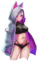 Rule 34 | 1girl, animal ears, animal hood, artist request, black shirt, black shorts, breasts, closed mouth, collarbone, commission, contrapposto, crop top, cropped legs, expressionless, fake animal ears, gluteal fold, highleg, highleg panties, hood, hooded jacket, jacket, large breasts, long sleeves, looking at viewer, micro shorts, midriff, navel, open clothes, open fly, open jacket, original, panties, pink eyes, revealing clothes, second-party source, shirt, short hair, shorts, sleeveless, sleeveless shirt, solo, stomach, string panties, thighs, underwear, white hair, white jacket