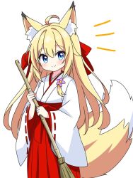 1girl ahoge animal_ear_fluff animal_ears blonde_hair blush bow broom closed_mouth commentary_request dot_nose flower fox_ears fox_girl fox_tail hair_bow hair_flower hair_ornament hakama hakama_skirt highres holding holding_broom japanese_clothes kimono kotatsu-mazoku long_hair long_sleeves looking_at_viewer miko notice_lines original red_bow ribbon-trimmed_sleeves ribbon_trim sidelocks simple_background skirt smile solo tail white_background white_kimono wide_sleeves