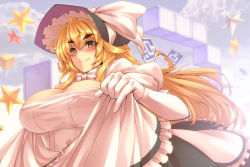 Rule 34 | &gt;:), 1girl, aged up, apron, blonde hair, bonnet, bow, breasts, cleavage, cloud, covered erect nipples, eyebrows, female focus, gloves, hat, highres, huge breasts, kirisame marisa, long hair, mushroom, new super marisa land, nipples, no bra, power-up, solo, star (symbol), symbol-shaped pupils, thick eyebrows, touhou, tro (trombe), v-shaped eyebrows, waist apron, witch, witch hat, yellow eyes