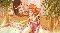 breasts large_breasts long_hair monkey_d._luffy nami_(one_piece) one_piece orange_hair towel