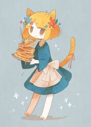 Rule 34 | 1girl, :o, animal ears, animal feet, apron, black eyes, blonde hair, blue dress, blue flower, bow, butter, cat ears, cat girl, cat tail, dress, fang, flower, food, fork, full body, green background, hair flower, hair ornament, highres, holding, holding tray, long sleeves, looking at viewer, open mouth, original, pancake, pancake stack, parted bangs, pawpads, red flower, red ribbon, ribbon, short hair, sidelocks, simple background, solo, tail, tail ornament, tail ribbon, tray, waist apron, white apron, white bow, white flower, yaigi