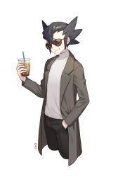 Rule 34 | 1boy, alternate costume, brown-framed eyewear, closed mouth, coat, cowboy shot, creatures (company), cup, disposable cup, drinking straw, game freak, grimsley (pokemon), hair between eyes, hand in pocket, hand up, holding, male focus, mongguri, nintendo, open clothes, open coat, pants, pokemon, pokemon bw, short hair, simple background, smile, solo, spiked hair, sunglasses, white background
