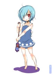 Rule 34 | 1girl, ahoge, artist name, bare arms, barefoot, blue hair, blush, braid, covered navel, dress, full body, hair over one eye, hakano shinshi, holding, long hair, looking at viewer, one eye closed, open mouth, red eyes, short hair, simple background, single braid, solo, standing, tatara kogasa, touhou, white background
