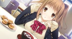 Rule 34 | 1girl, blazer, bow, bowtie, breast rest, breasts, brown eyes, brown hair, game cg, jacket, kiss bell, large breasts, looking at viewer, marui (koedame), nagatsuda yumi, school uniform, sleeves past wrists, solo, two side up, v-neck