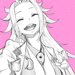 Rule 34 | 1girl, closed eyes, highres, jacket, jun&#039;you (kancolle), kantai collection, limited palette, long hair, magatama, monochrome, open mouth, parted bangs, pink background, shadow, shirt, sketch, smile, solo, spiked hair, teeth, tocky, upper body