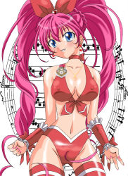 Rule 34 | 10s, 1girl, adapted costume, blue eyes, blush, bow, breasts, cleavage, costume, cure melody, covered erect nipples, front-tie top, hair bow, houjou hibiki, jewelry, magical girl, medium breasts, musical note, navel, pendant, pink hair, precure, ranpu, smile, solo, suite precure, thighhighs, twintails