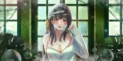 1girl absurdres bandaged_head bandages blush breasts cleavage flower goddess_of_victory:_nikke grey_hair hair_ribbon highres holding large_breasts long_hair long_sleeves looking_at_viewer modernia_(first_affection)_(nikke) modernia_(nikke) official_alternate_costume open_mouth red_eyes ribbon scenery shirt smile solo soo_9912 white_shirt yellow_ribbon