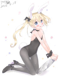Rule 34 | 1girl, animal ears, bare arms, bare shoulders, black bow, black footwear, black leotard, black pantyhose, blonde hair, blue eyes, blush, bow, breasts, collarbone, commentary request, dated, earrings, fake animal ears, full body, hair between eyes, hair bow, high heels, highres, holding, holding tray, jewelry, leotard, looking at viewer, original, pantyhose, parted lips, playboy bunny, rabbit ears, rabbit girl, rabbit tail, signature, simple background, small breasts, solo, strapless, strapless leotard, tail, tia-chan, tray, twintails, uchuuneko, uneven twintails, wavy mouth, white background, wrist cuffs
