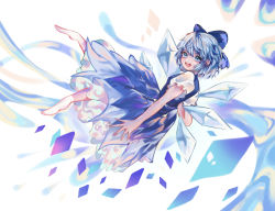 Rule 34 | 1girl, :d, barefoot, blue bow, blue dress, blue eyes, blue hair, blush, bow, cirno, commentary, dress, eyebrows hidden by hair, full body, hair between eyes, hair bow, highres, ice, ice wings, looking at viewer, looking to the side, open mouth, puffy short sleeves, puffy sleeves, shirt, short sleeves, smile, solo, teeth, tongue, touhou, tumobaizhi, upper teeth only, white shirt, wings