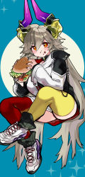 Rule 34 | + +, 1girl, asymmetrical legwear, blush, burger, collar, eating, food, food on face, full body, granblue fantasy, grey hair, highres, holding, holding food, horns, invisible chair, jacket, long hair, long sleeves, looking at viewer, loose socks, mismatched legwear, orange eyes, osakana (rrg0123), red thighhighs, shoes, sitting, sneakers, socks, solo, thighhighs, threo (granblue fantasy), v-shaped eyebrows, very long hair, white jacket, yellow thighhighs