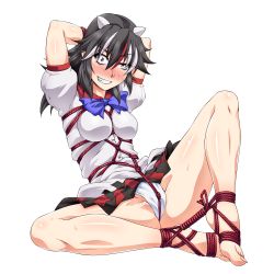 Rule 34 | 1girl, arms behind head, arrow (symbol), barefoot, bdsm, black hair, blue bow, blue bowtie, blush, bondage, bound, bound ankles, bound wrists, bow, bowtie, breasts, buttons, cone horns, dress, feet, full body, fundoshi, grey horns, grin, horns, japanese clothes, kijin seija, looking at viewer, medium breasts, multicolored hair, ootsuki wataru, puffy short sleeves, puffy sleeves, red eyes, red hair, shibari, shibari over clothes, short hair, short sleeves, sitting, smile, solo, spread legs, streaked hair, sweat, teeth, touhou, transparent background, uneven eyes, white dress, white hair