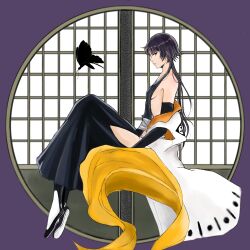 Rule 34 | 1girl, back, backless outfit, bare shoulders, black butterfly, black hair, black kimono, bleach, blue eyes, blunt bangs, braid, breasts, bug, butterfly, detached sleeves, from side, highres, insect, japanese clothes, kimono, obi, purple background, sash, sideboob, sideless outfit, sitting, sliding doors, small breasts, solo, sui-feng, user ktgk4582, white sash