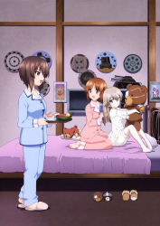 Rule 34 | 10s, 3girls, :d, absurdres, barefoot, bed, bed sheet, bedroom, blue pants, blue shirt, boko (girls und panzer), bowl, brown eyes, brown hair, brushing another&#039;s hair, brushing hair, cup, drawing (object), eyepatch, girls und panzer, hair brush, hair down, highres, holding, holding stuffed toy, indoors, light brown hair, long hair, long sleeves, looking at another, looking at viewer, looking back, military, military vehicle, model tank, motor vehicle, multiple girls, nishizumi maho, nishizumi miho, official art, on bed, open mouth, pajamas, pants, parted lips, picture frame, pillow, pink pants, pink shirt, sandals, shimada arisu, shirt, short hair, shorts, siblings, sisters, sitting, smile, stuffed animal, stuffed toy, tank, teacup, teddy bear, tray, wariza, white shirt, white shorts