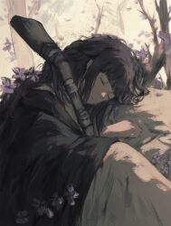 Rule 34 | 1girl, black coat, blunt bangs, closed eyes, coat, commentary, dress, flower, frieren, head rest, highres, long hair, mage staff, messy hair, muted color, outdoors, purple flower, purple hair, rock, shiej007, sitting, solo, sousou no frieren, staff, upper body, white dress